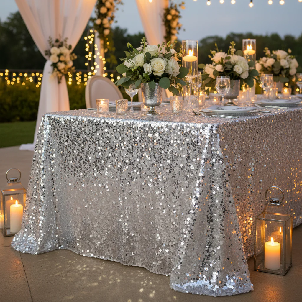 Large Payette Sequin Tablecloth 90"x156" Rectangular - Silver - Image 2