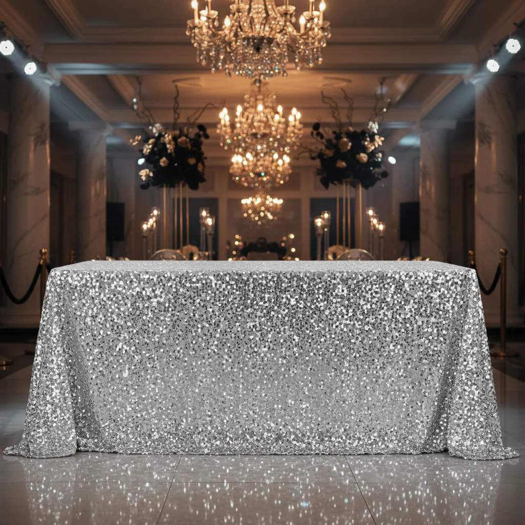 Large Payette Sequin Tablecloth 90"x156" Rectangular - Silver - Image 3