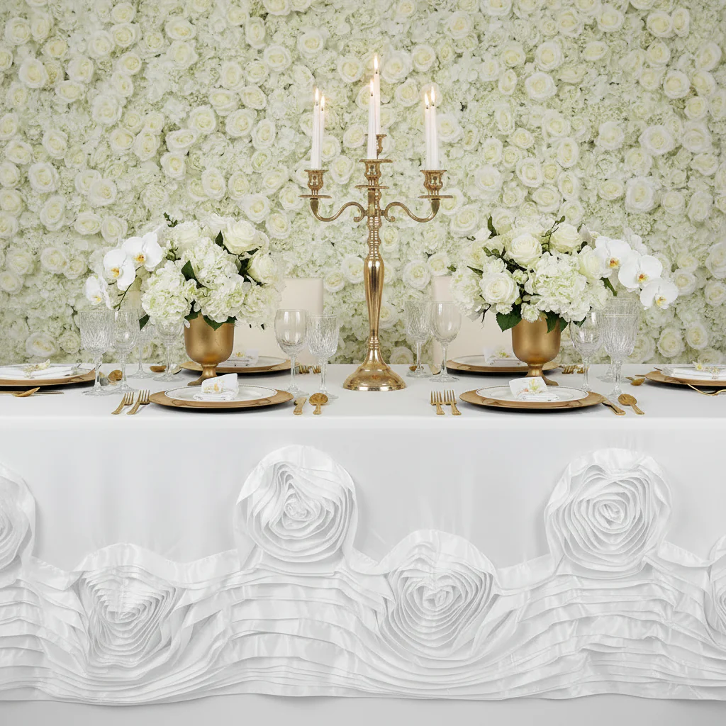 Large Rosette Flower Tablecloth 90"x132" Oblong Rectangular - White - Image 3