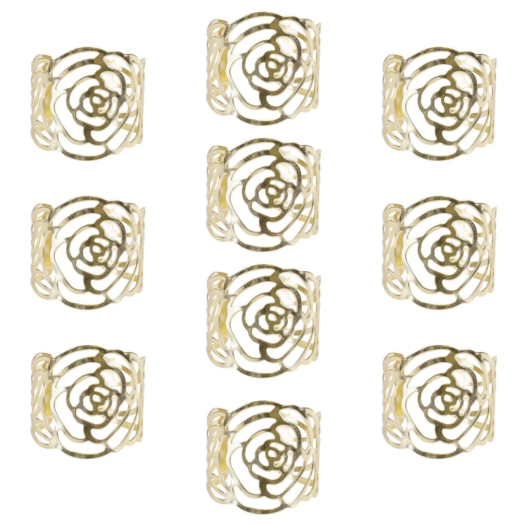 10 pc/pk Laser Cut Rose Metal Napkin Ring - Gold - Image 2
