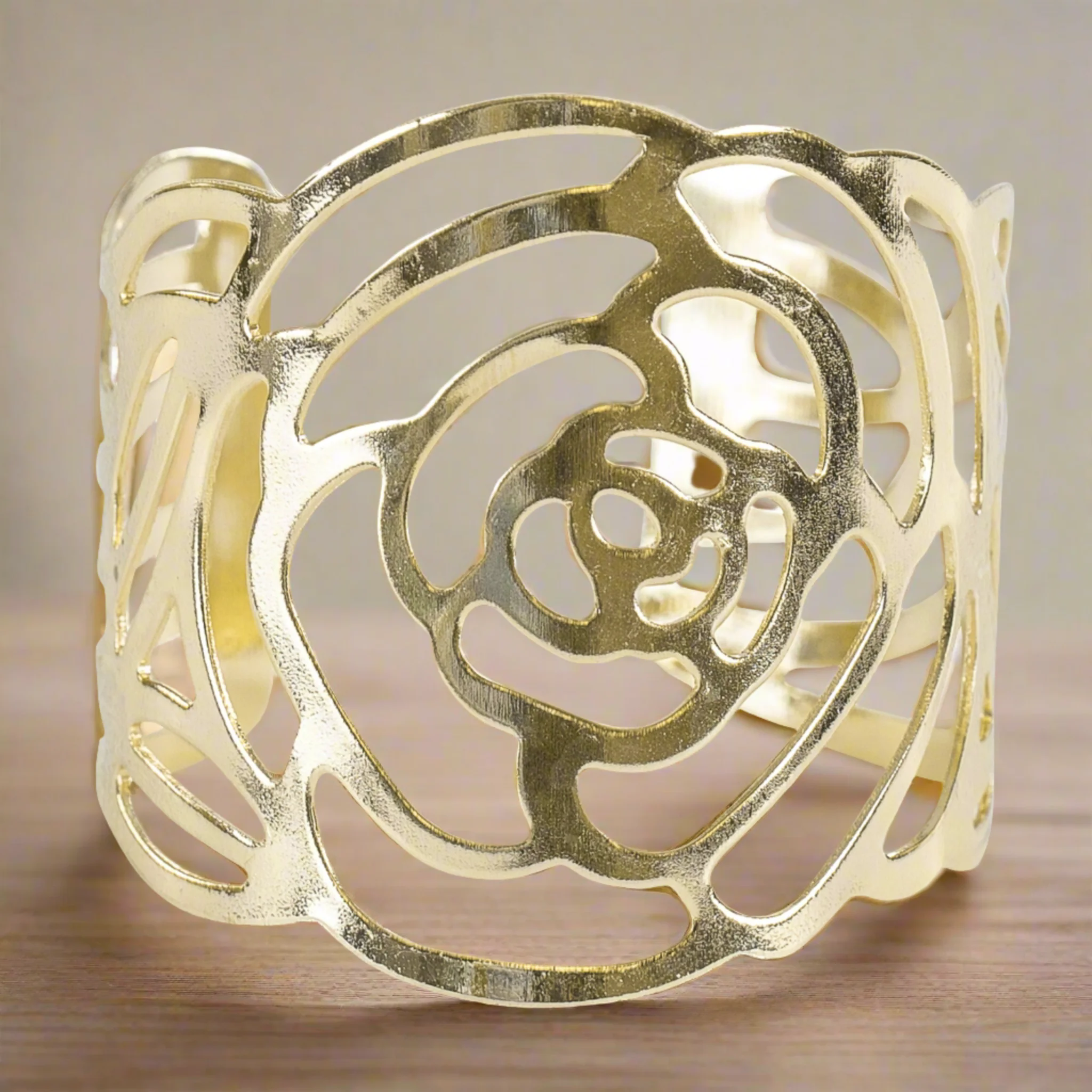10 pc/pk Laser Cut Rose Metal Napkin Ring - Gold - Image 5