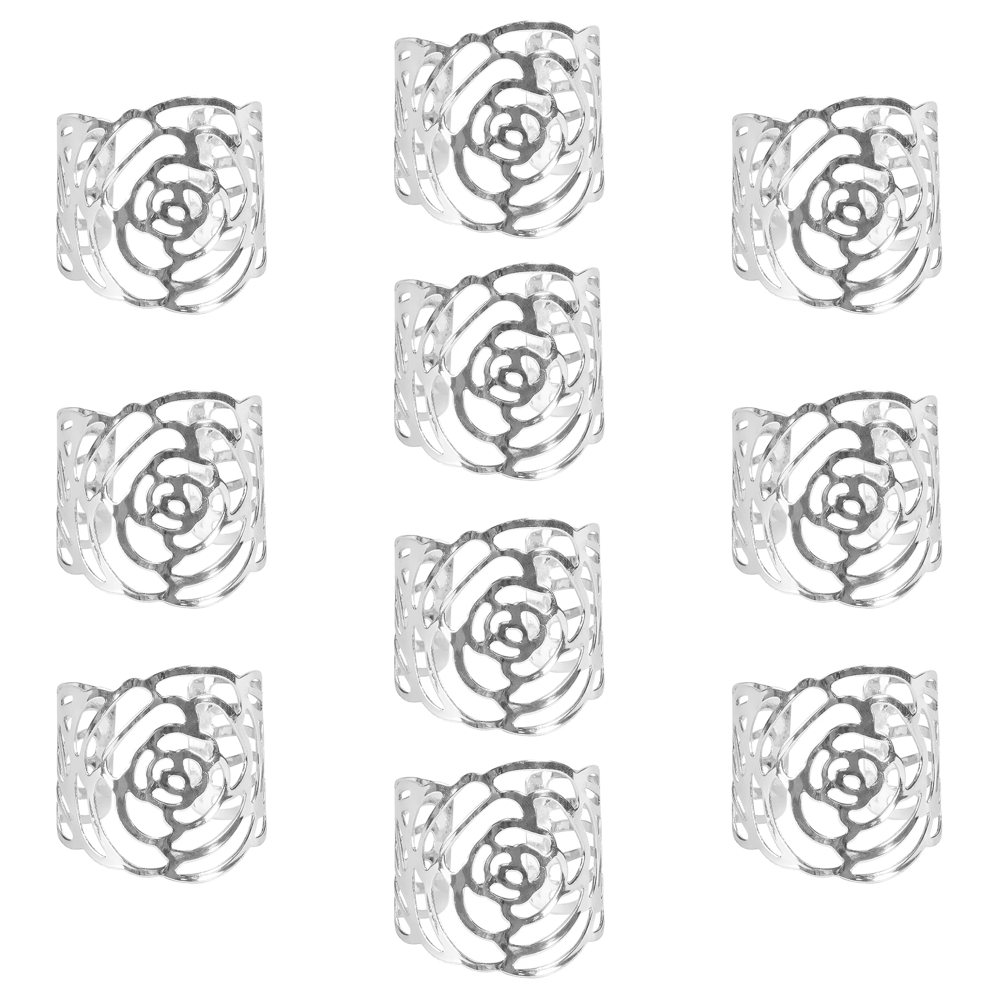 10 pc/pk Laser Cut Rose Metal Napkin Ring - Silver - Image 2