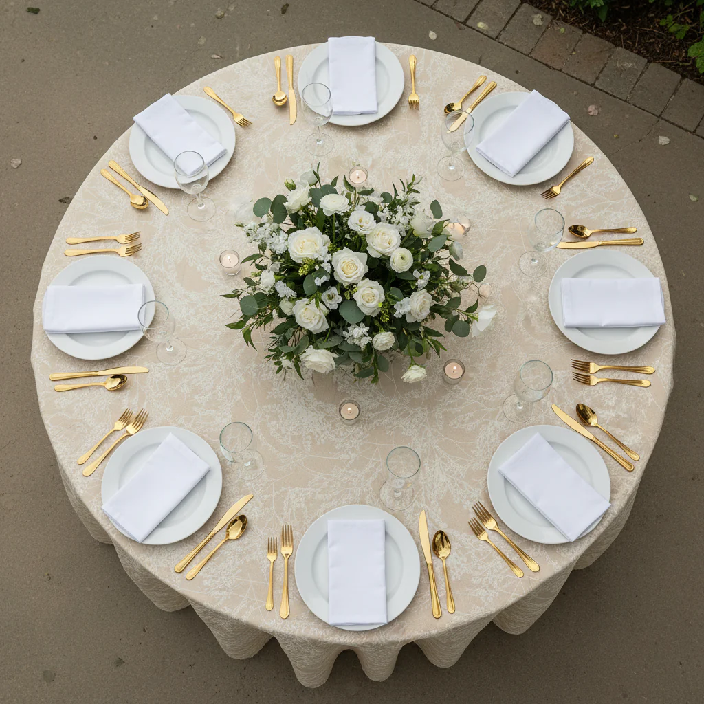 Leaf Branch Reversible Jacquard Tablecloth 120" Round  - Champagne - Image 6