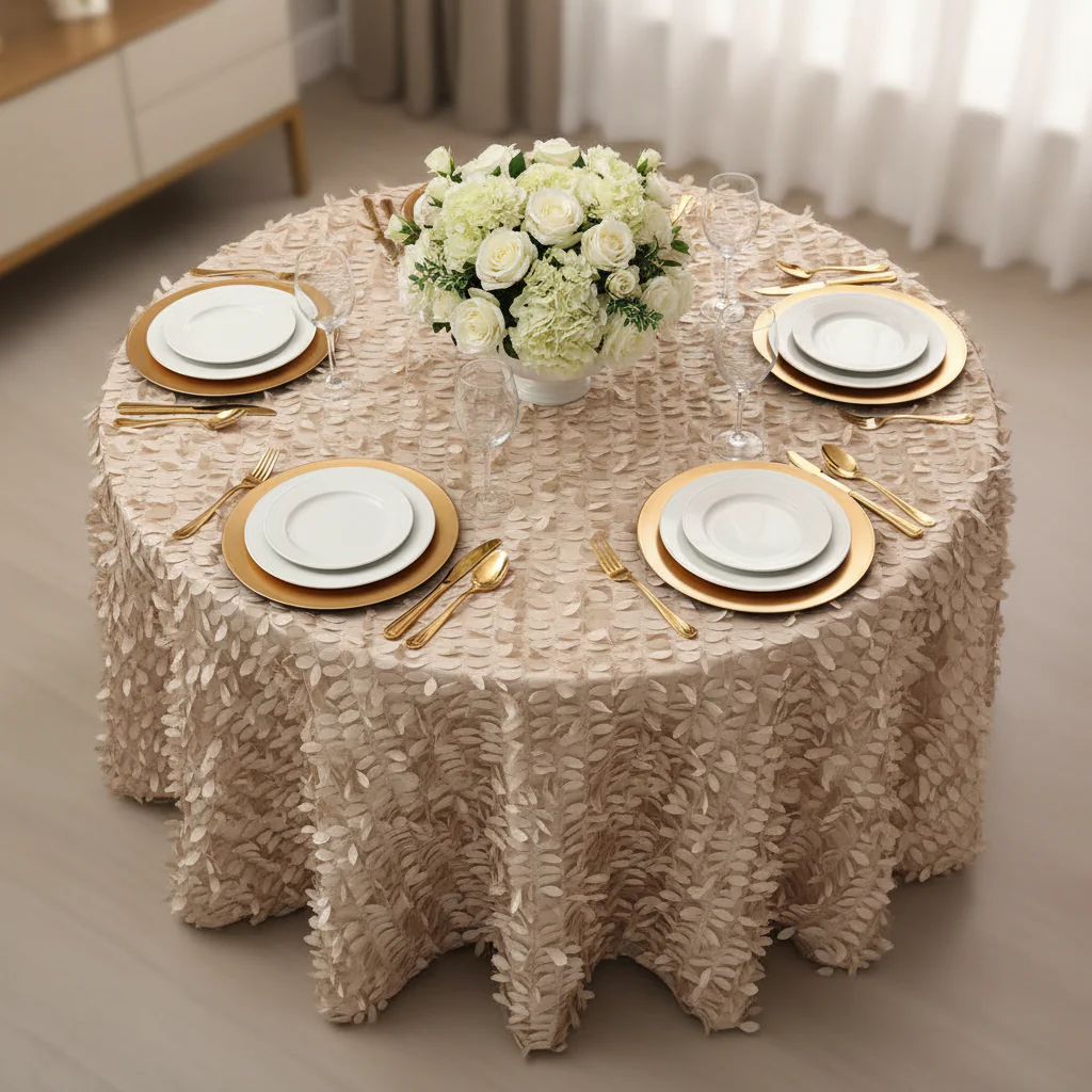 Leaf Petal Taffeta Round 120" Tablecloth - Champagne - Image 3