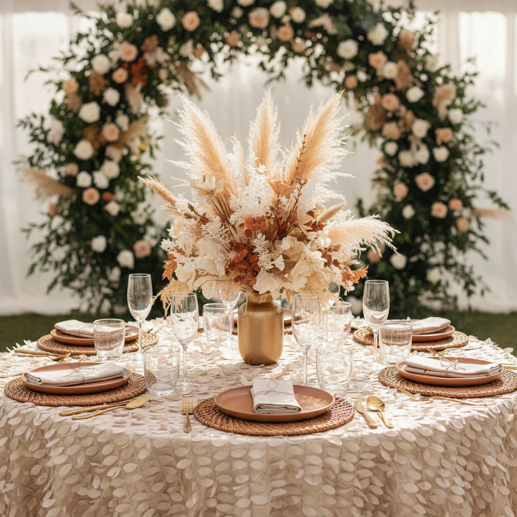 Leaf Petal Taffeta Round 120" Tablecloth - Champagne - Image 4