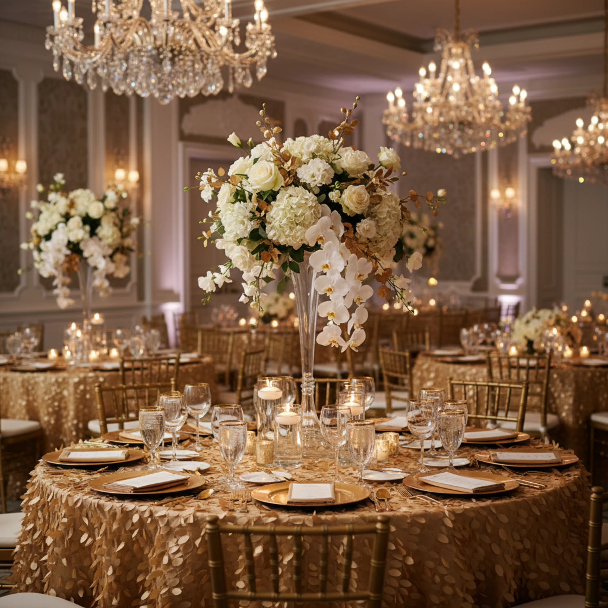 Leaf Petal Taffeta Round 120" Tablecloth - Gold - Image 2