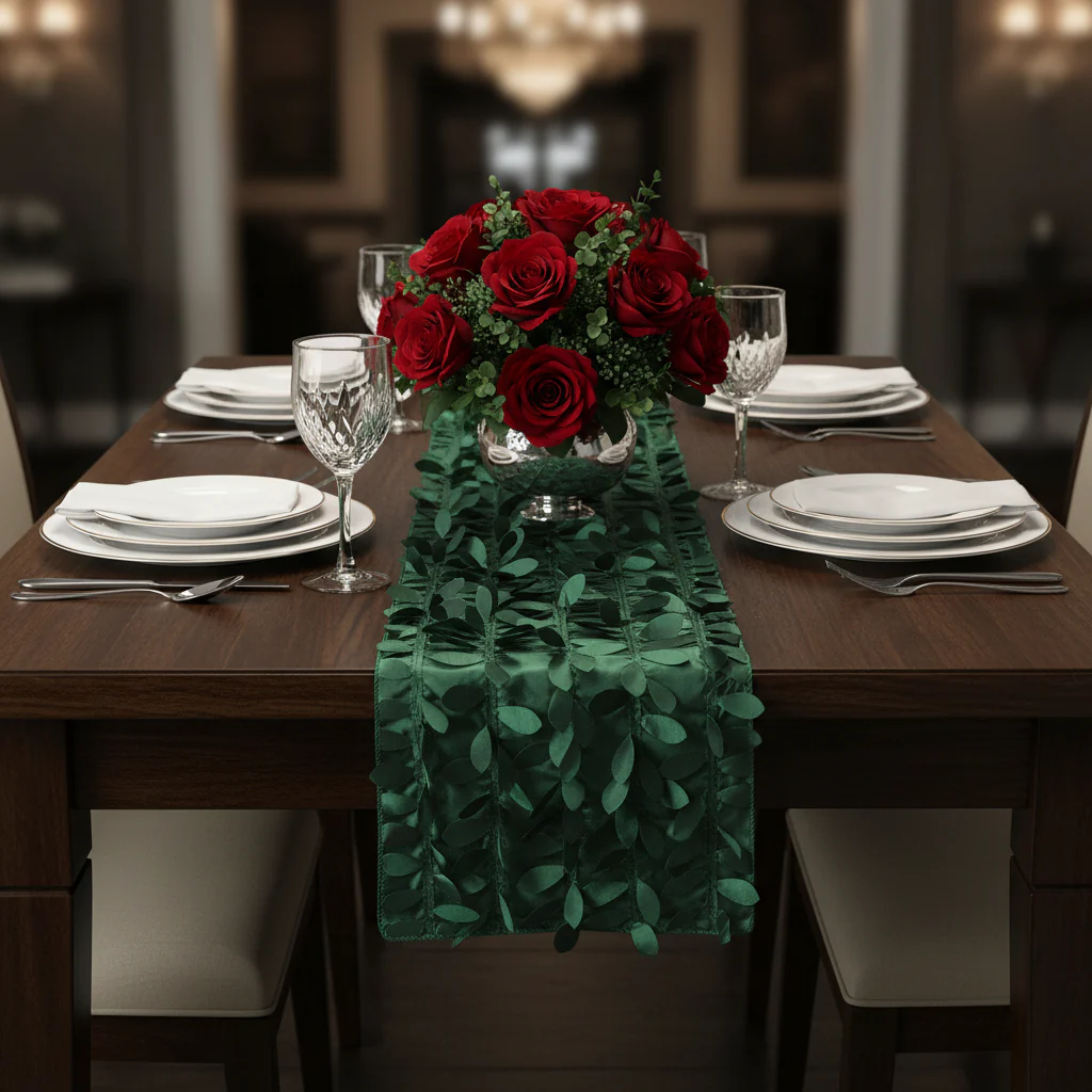 Leaf Petal Taffeta Table Runner - Emerald Green