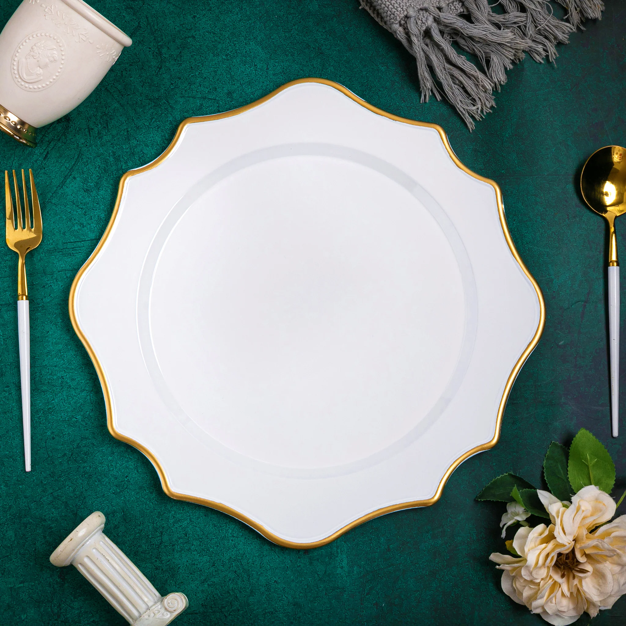 Lotus Scalloped Acrylic 13" Charger Plate - White Gold-Trimmed - Image 5