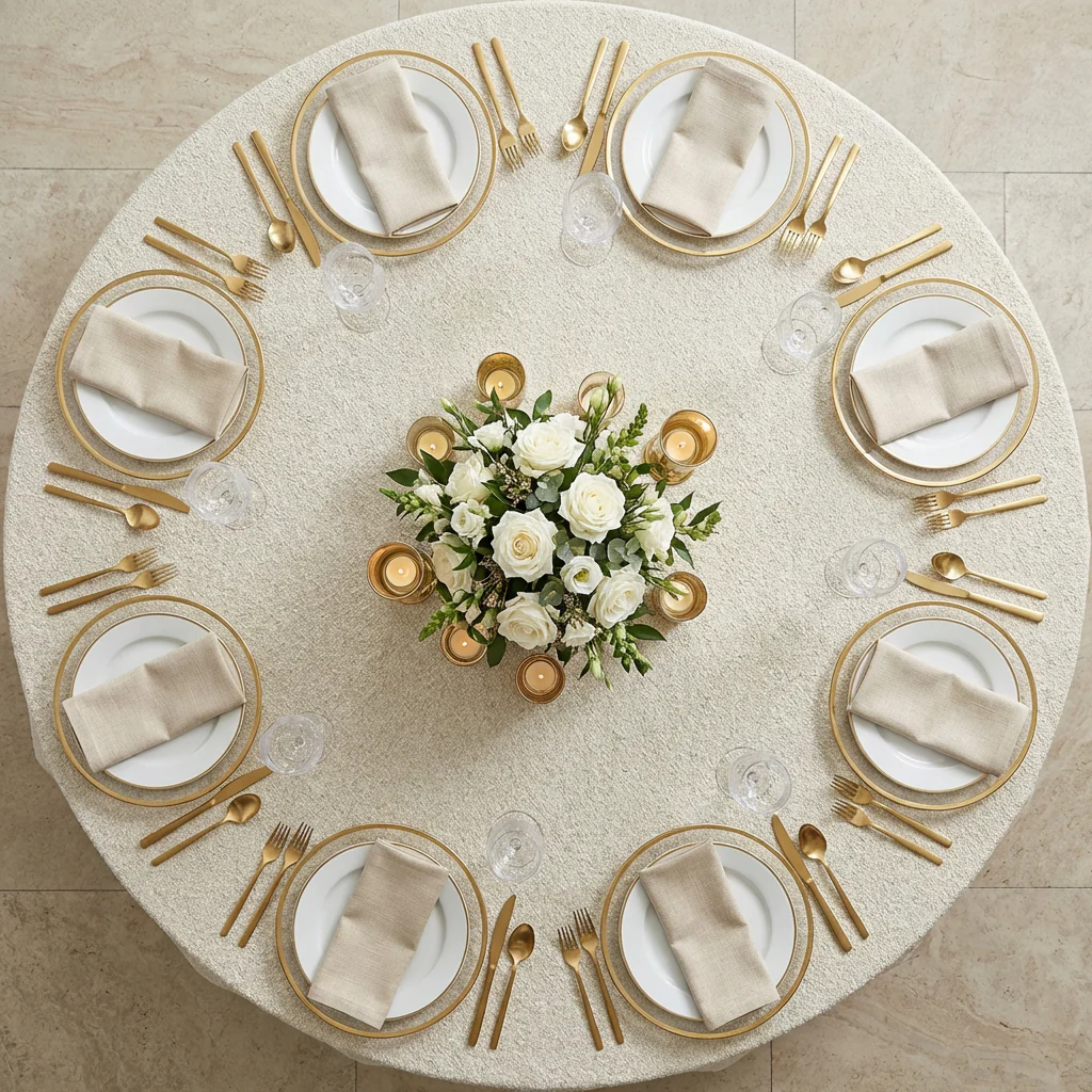 Luxury Boucle 120" Round Tablecloth - Beige - Image 4