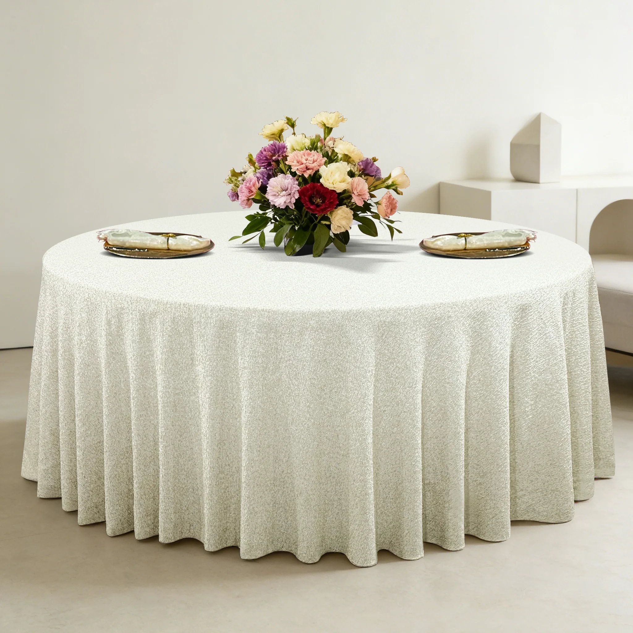Luxury Boucle 120" Round Tablecloth - Beige - Image 6