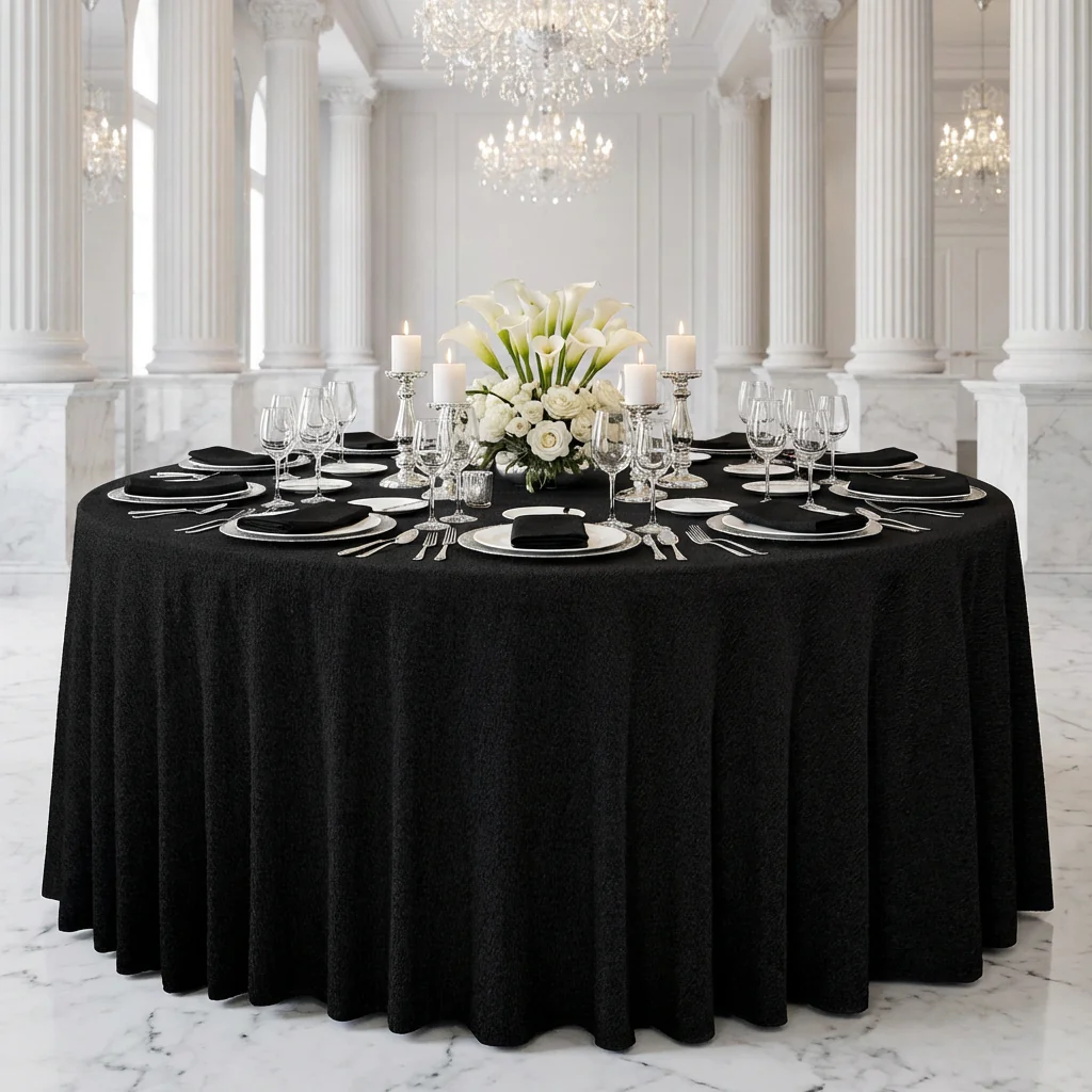 Luxury Boucle 120" Round Tablecloth - Black - Image 2