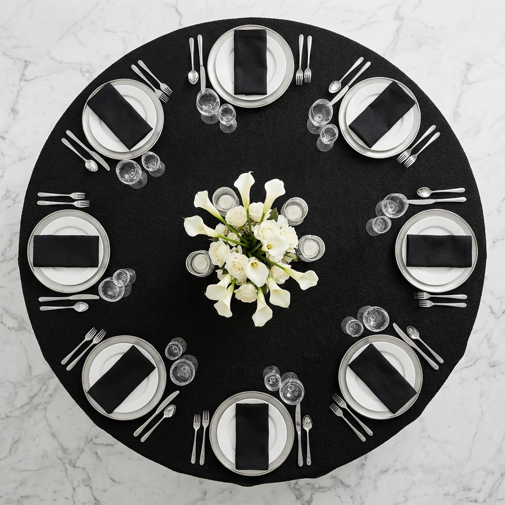 Luxury Boucle 120" Round Tablecloth - Black - Image 4