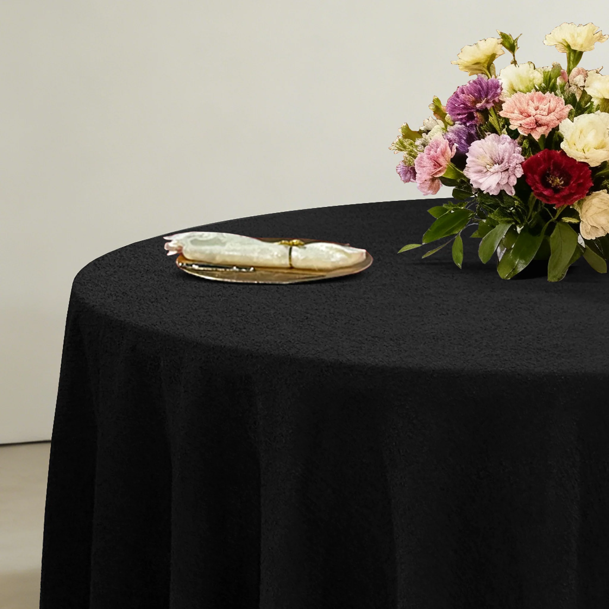 Luxury Boucle 120" Round Tablecloth - Black - Image 7