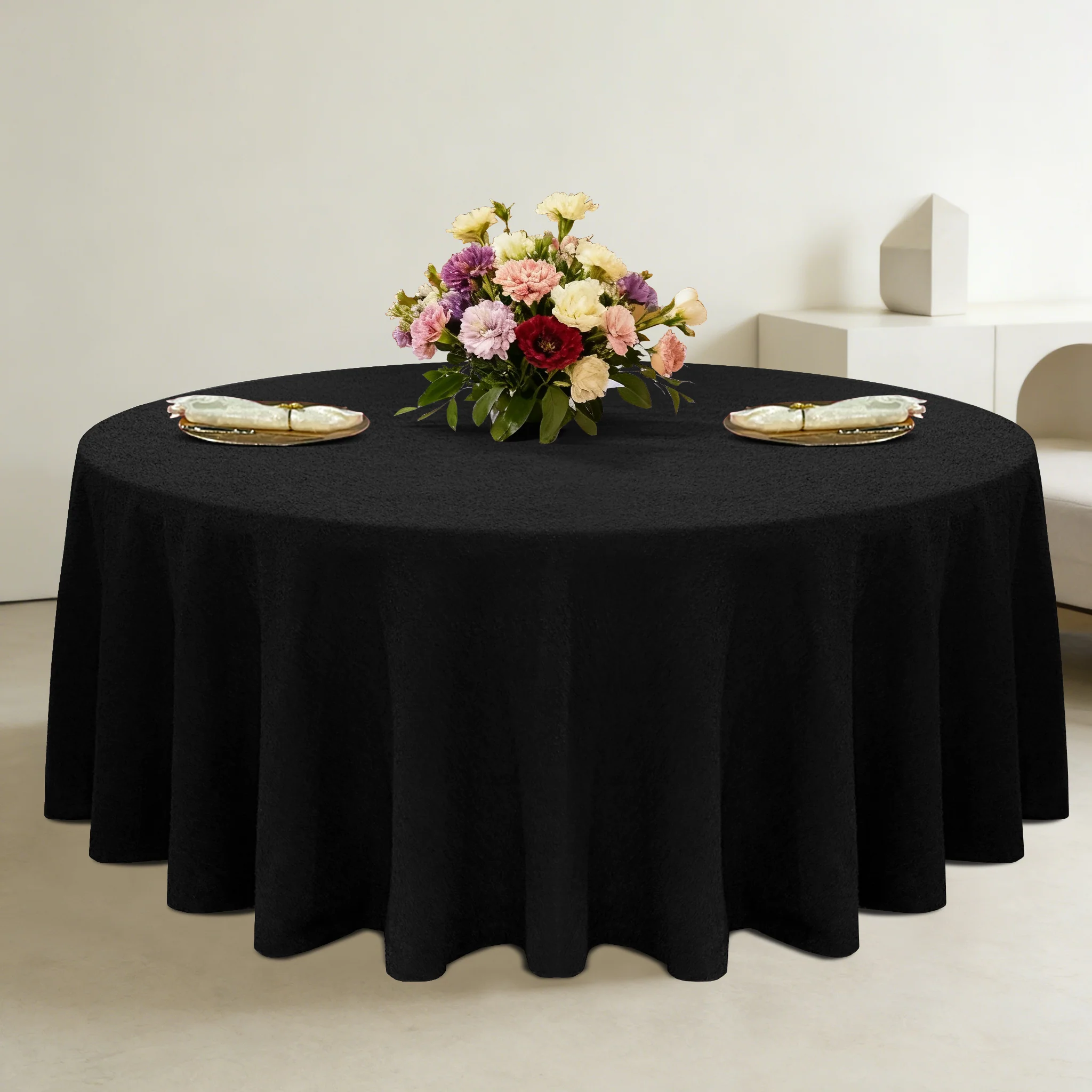 Luxury Boucle 120" Round Tablecloth - Black - Image 9