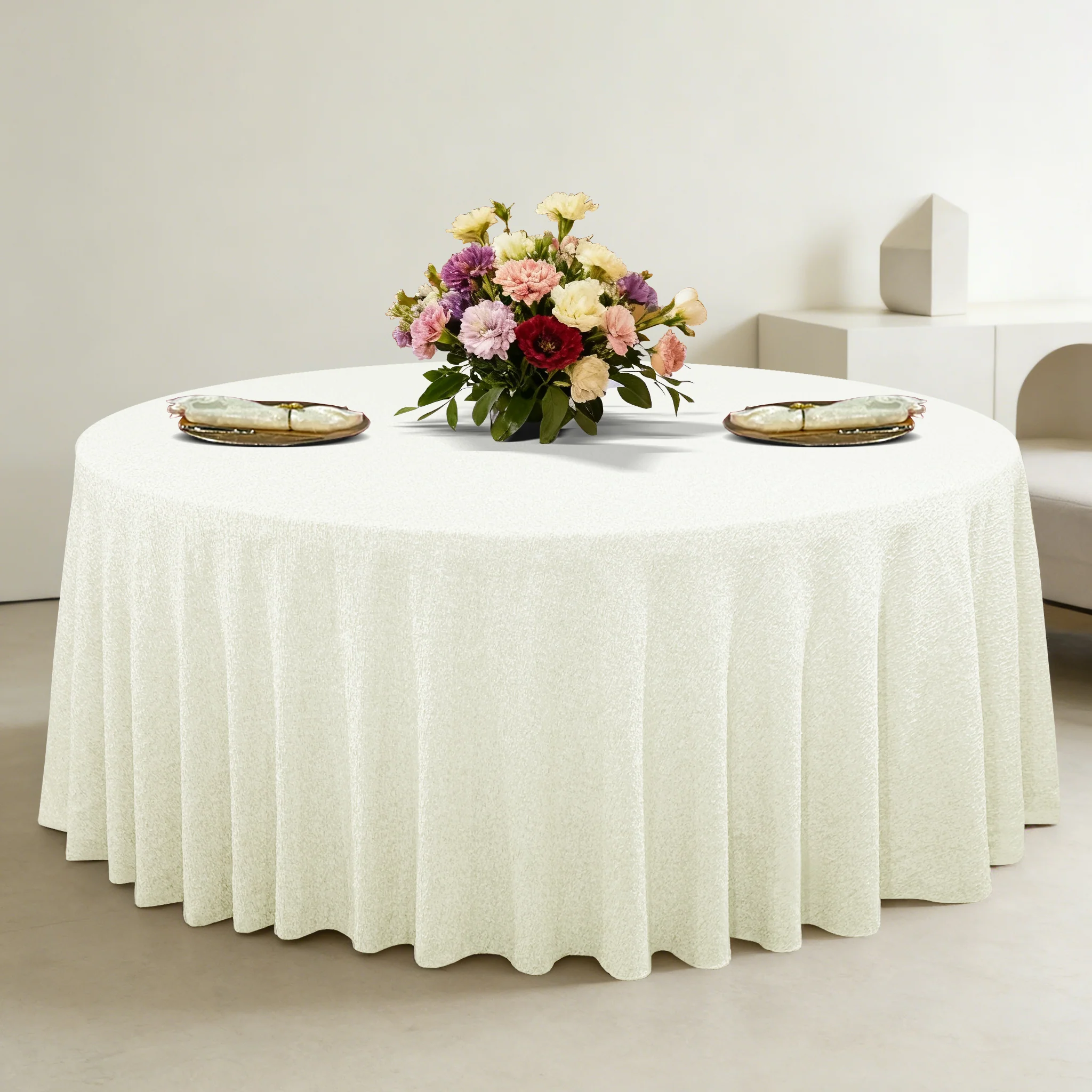 Luxury Boucle 120" Round Tablecloth - Ivory - Image 6