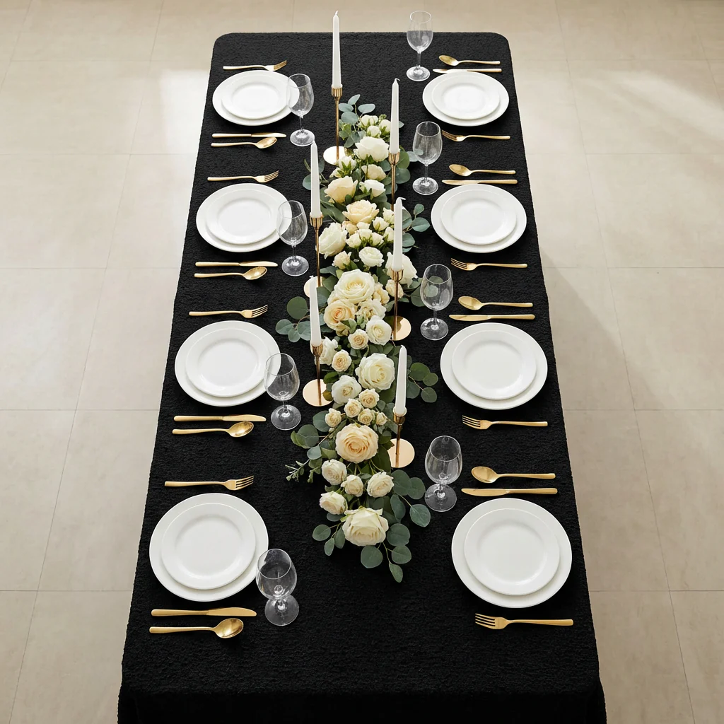 Luxury Boucle 90"x132" Rectangular Tablecloth - Black - Image 5