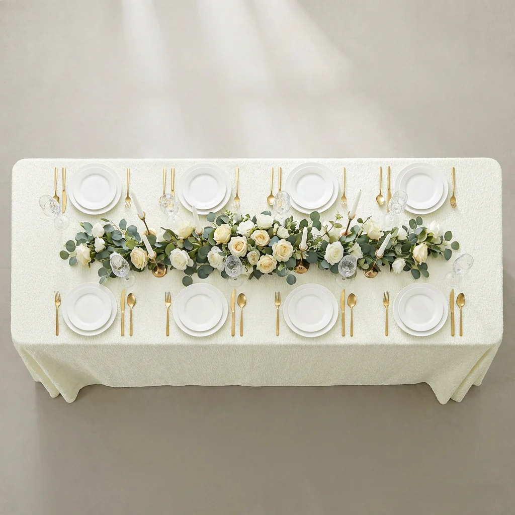 Luxury Boucle 90"x132" Rectangular Tablecloth - Ivory - Image 5