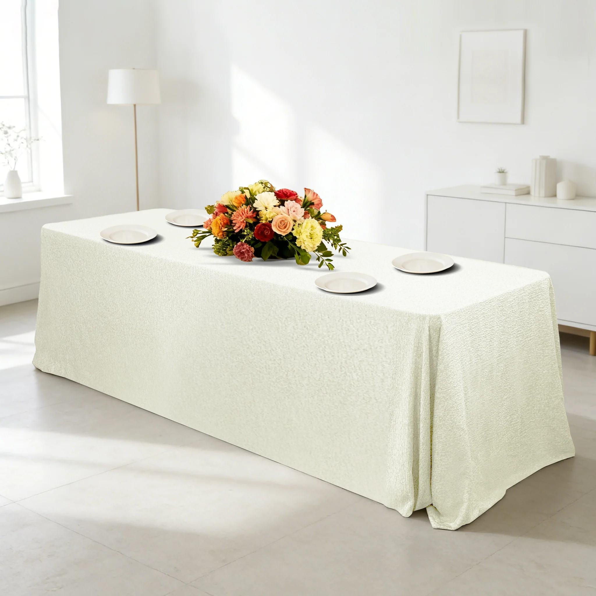 Luxury Boucle 90"x132" Rectangular Tablecloth - Ivory - Image 7