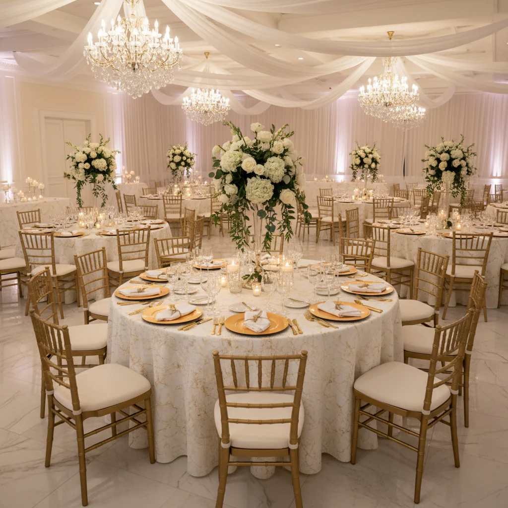 Marble Reversible Jacquard Tablecloth 120" Round  - Gold - Image 10