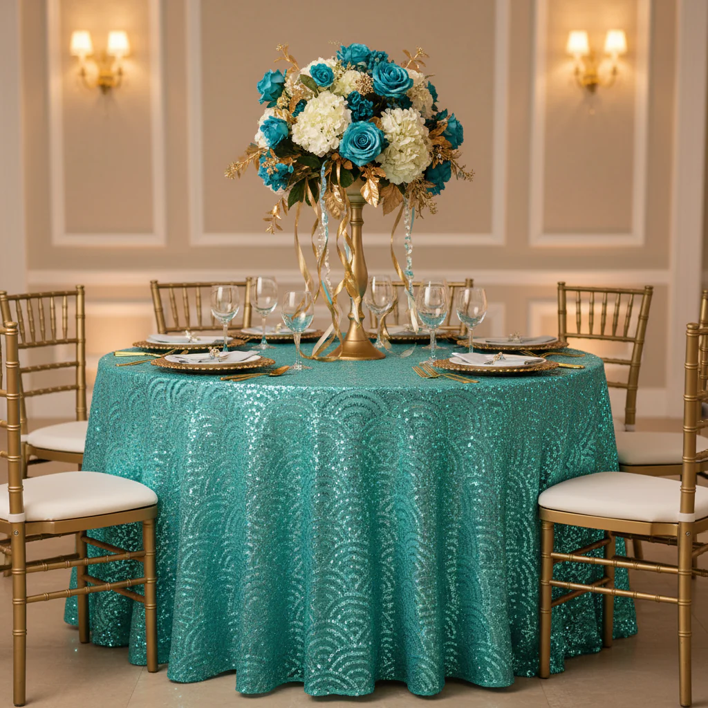 Mermaid Scale Sequin 120" Round Tablecloth - Turquoise