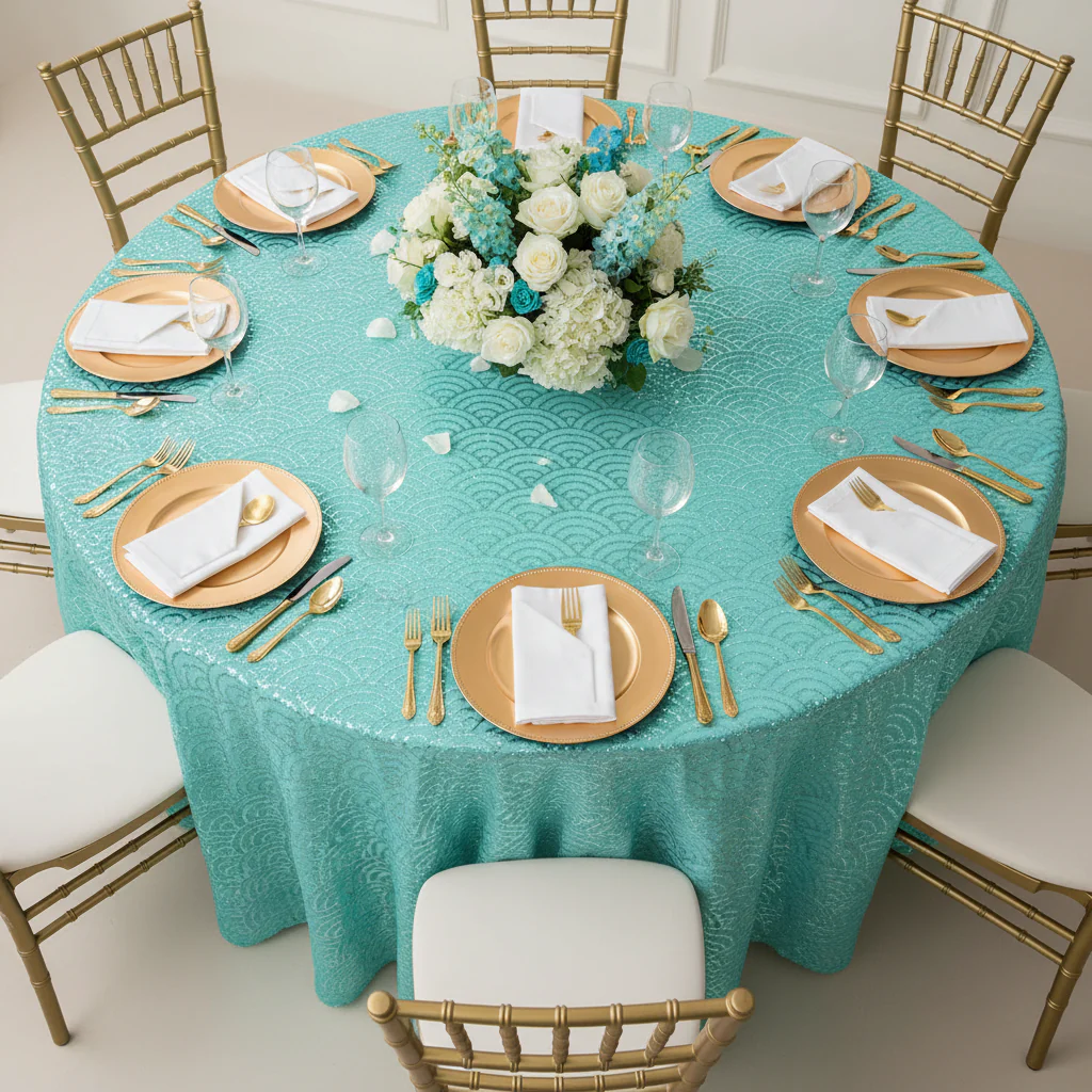 Mermaid Scale Sequin 120" Round Tablecloth - Turquoise - Image 3