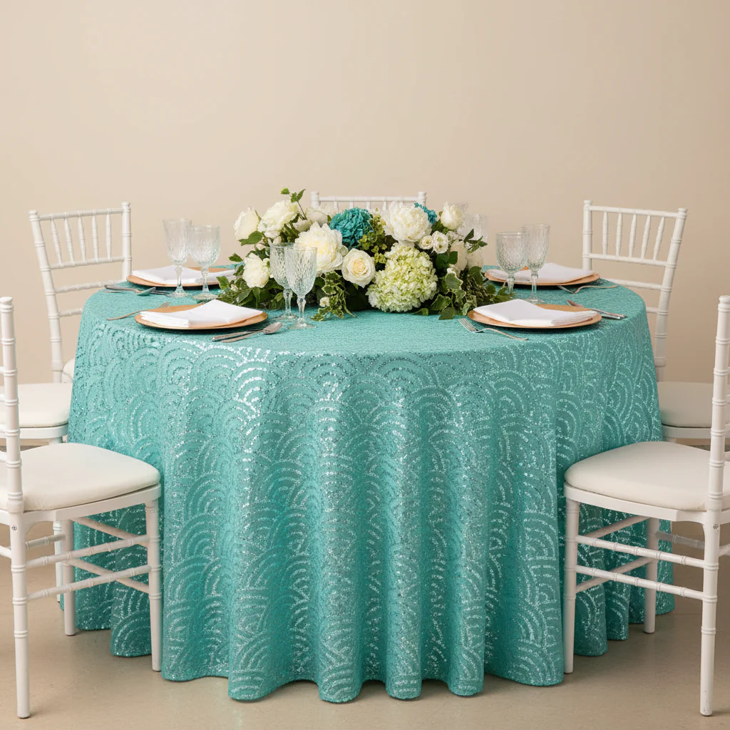 Mermaid Scale Sequin 120" Round Tablecloth - Turquoise - Image 5