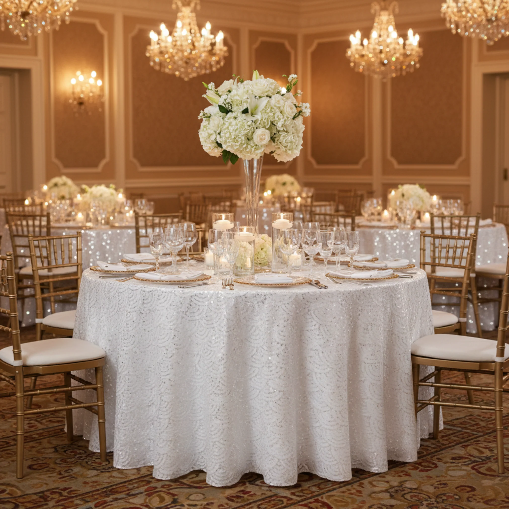 Mermaid Scale Sequin 120" Round Tablecloth - White - Image 6