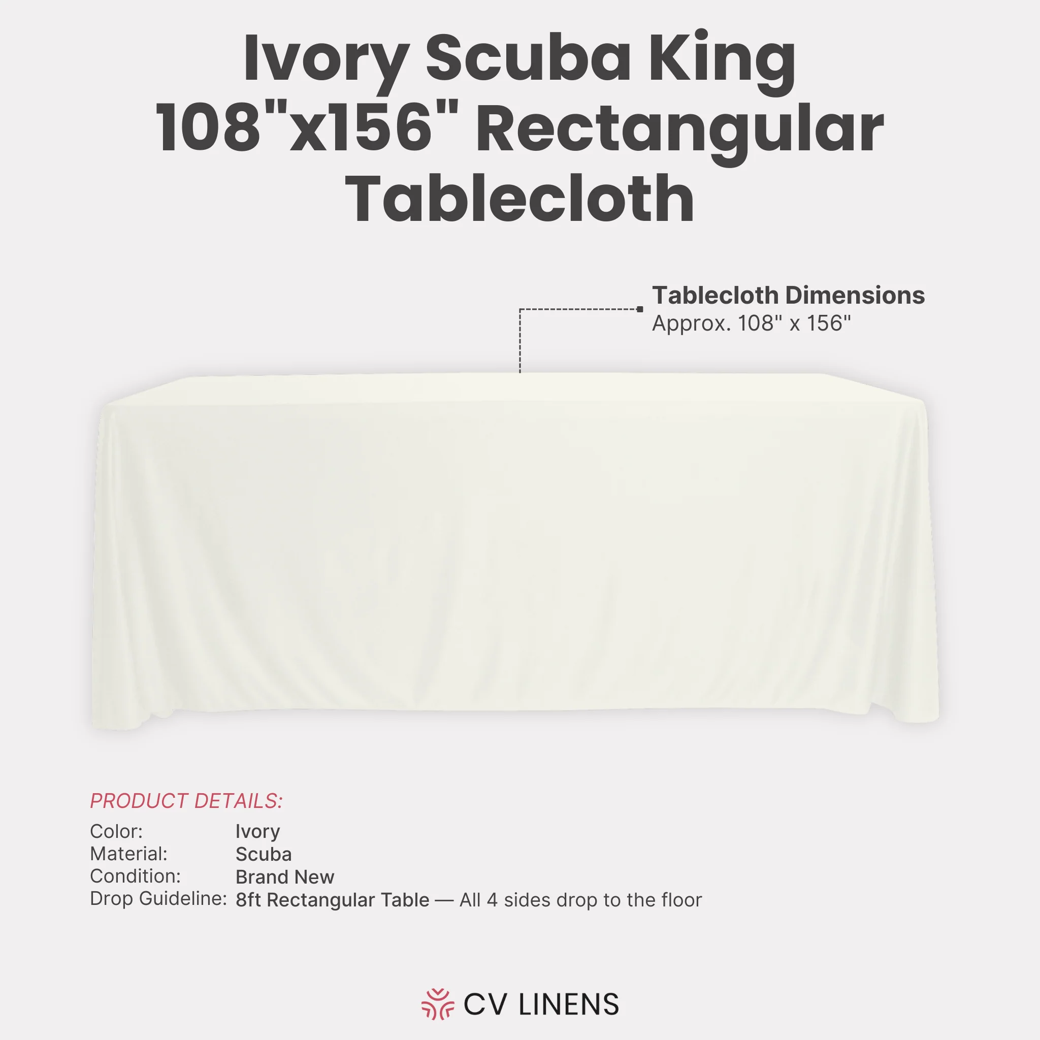 Scuba King 108"x156" Rectangular Tablecloth - Ivory - Image 3