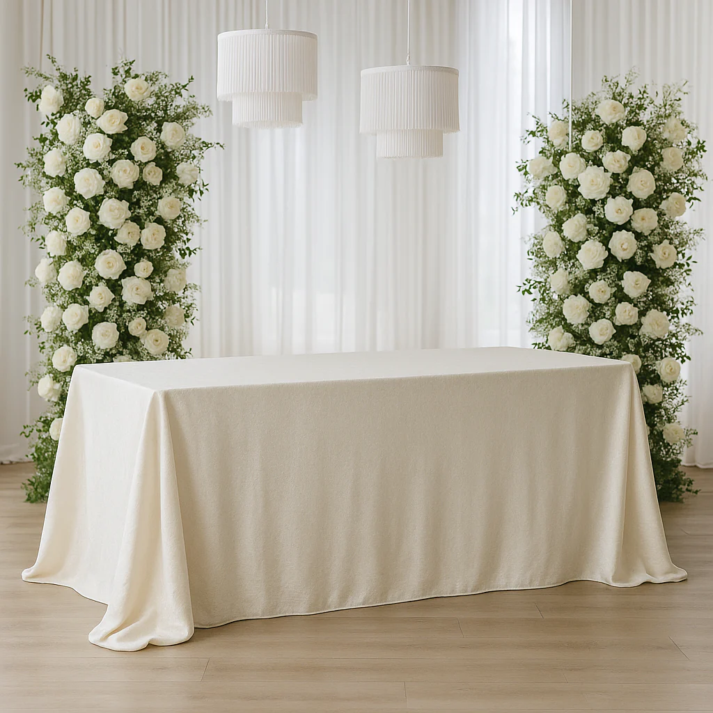 Velvet King 108"x156" Rectangular Tablecloth - Ivory - Image 7
