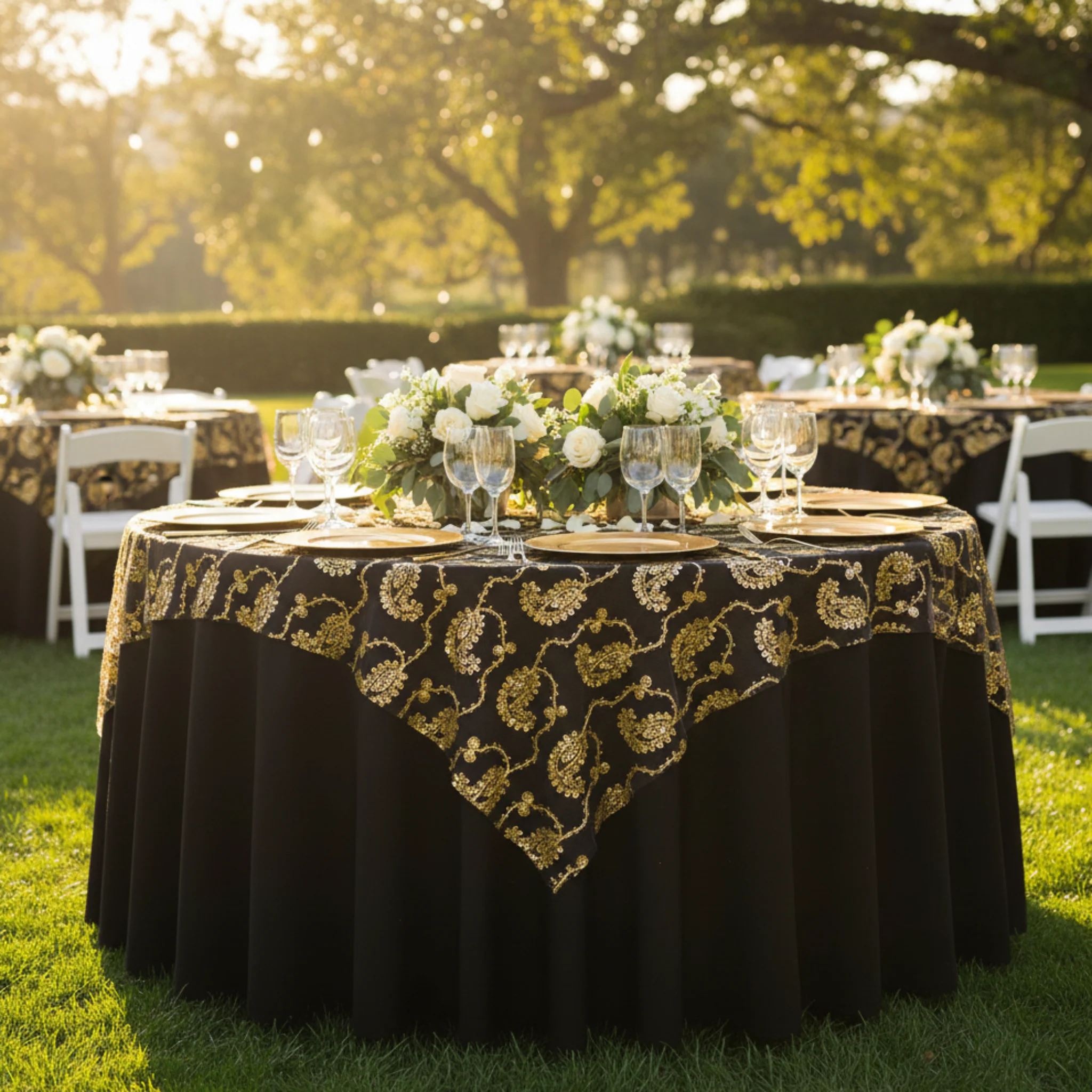 Paisley Sequin Table Overlay Topper 85"x85" Square - Gold - Image 4