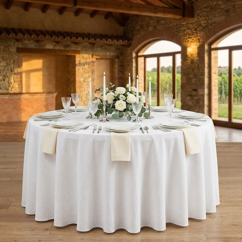 120" Round Premium Linen-Look Panama Weave Tablecloth - White - Image 2