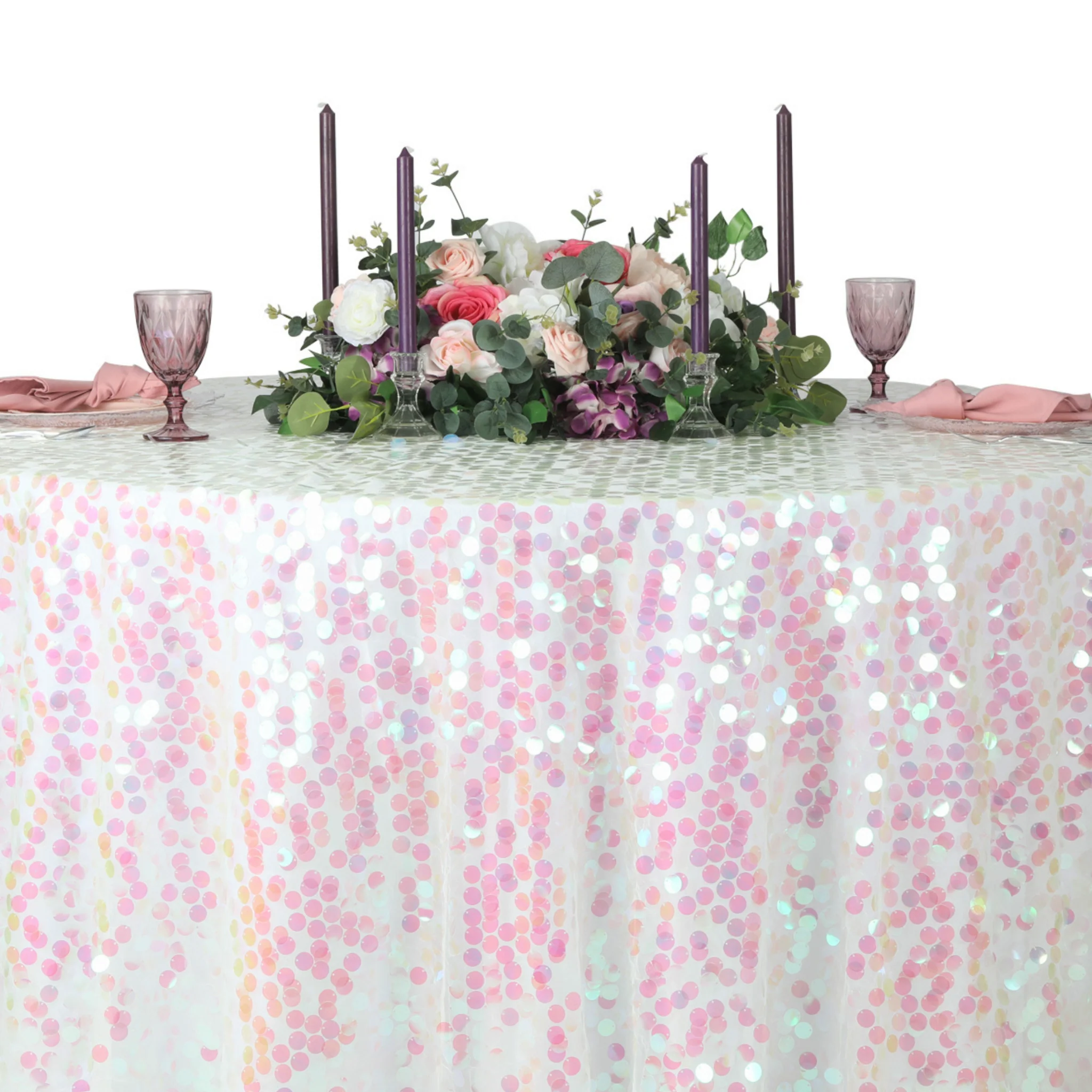 Large Payette Sequin Round 120" Tablecloth - Iridescent Pink - Image 4