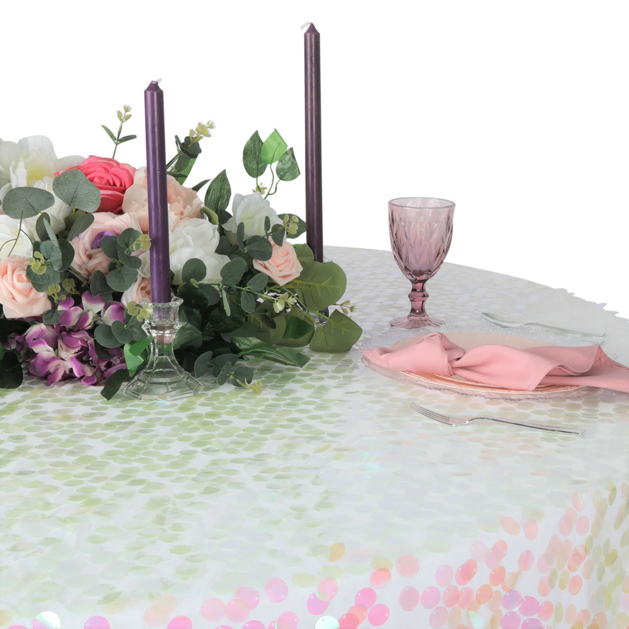 Large Payette Sequin Round 120" Tablecloth - Iridescent Pink - Image 6