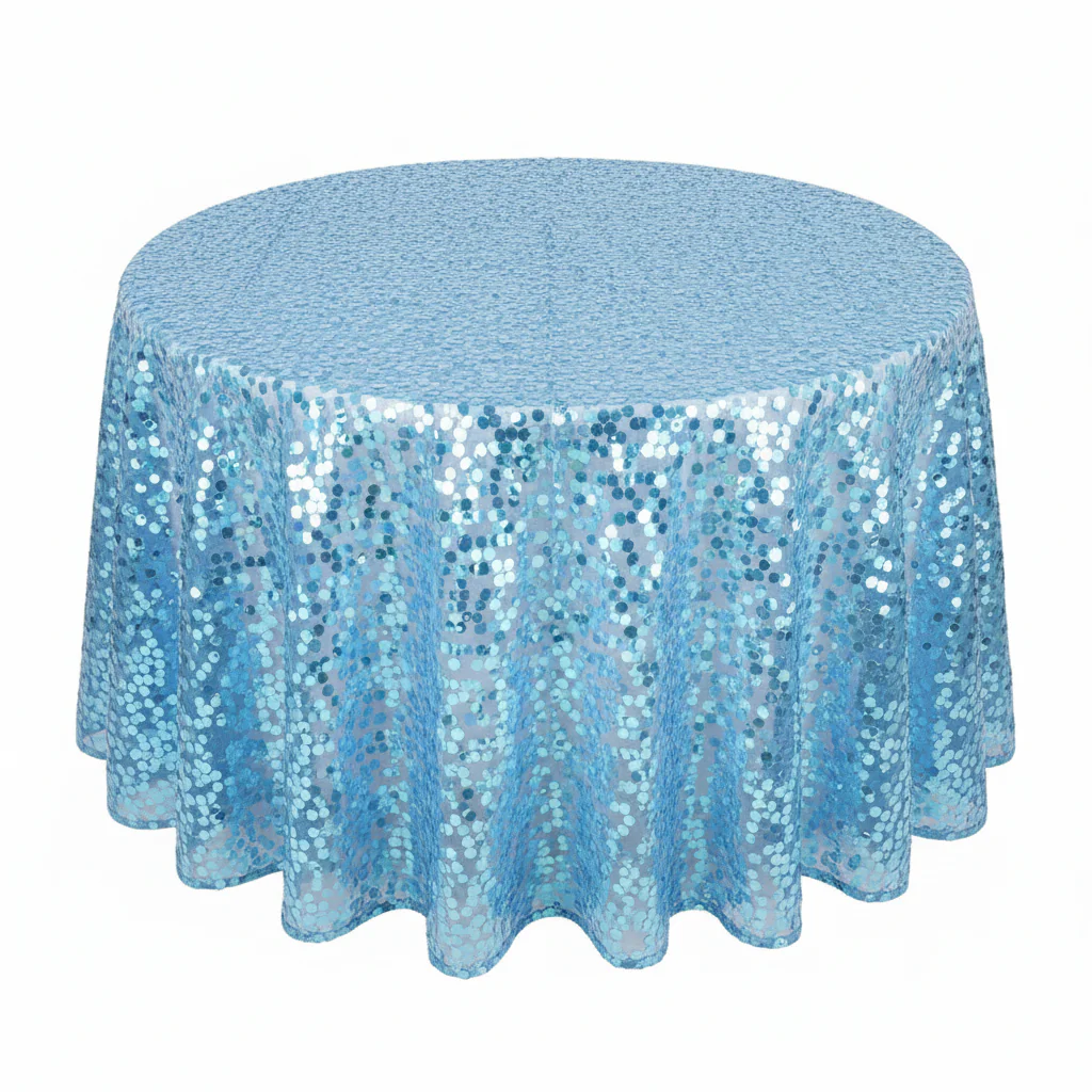 Large Payette Sequin Round 120" Tablecloth - Baby Blue