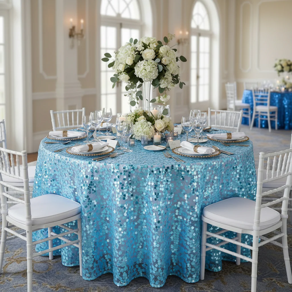 Large Payette Sequin Round 120" Tablecloth - Baby Blue - Image 3