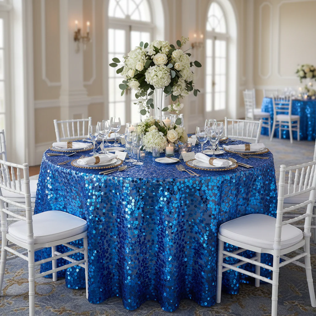Large Payette Sequin Round 120" Tablecloth - Royal Blue - Image 2
