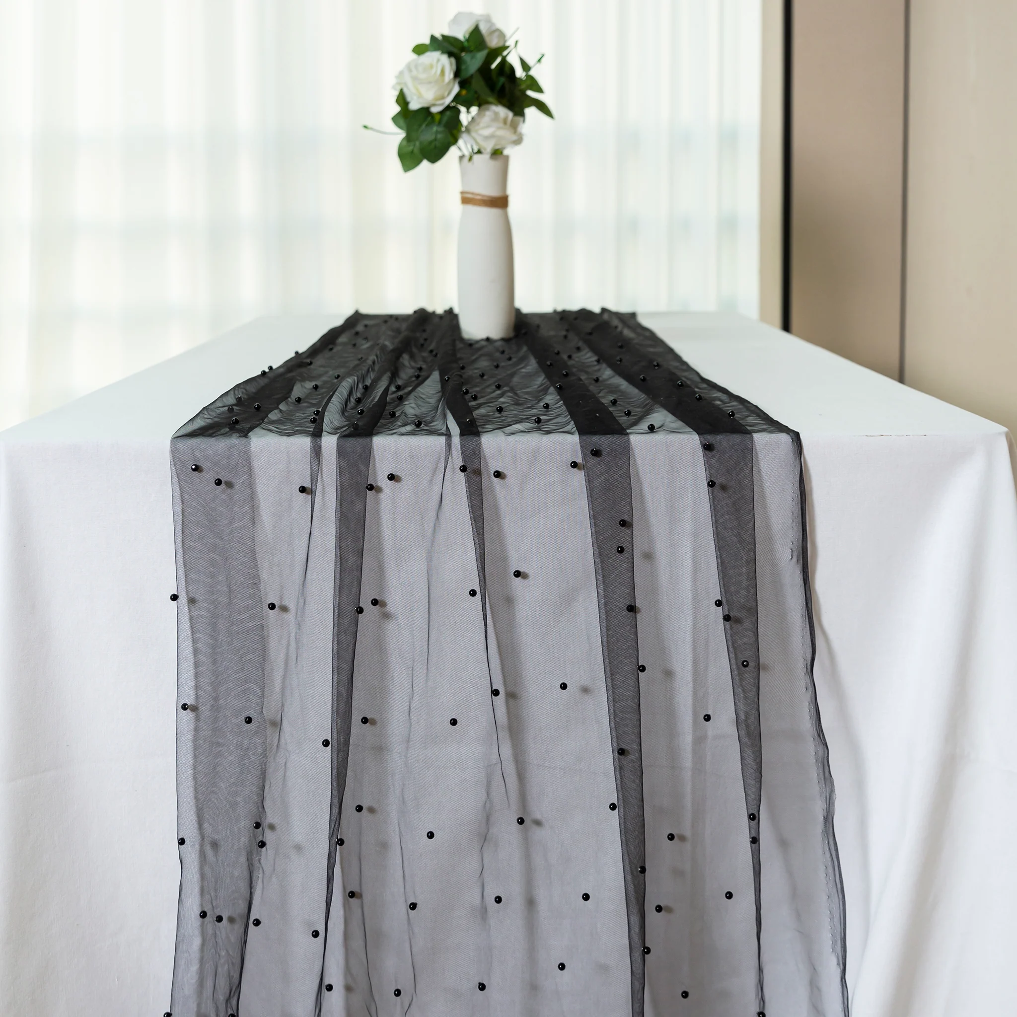 Pearl Tulle Table Runner 30" x 120" - Black
