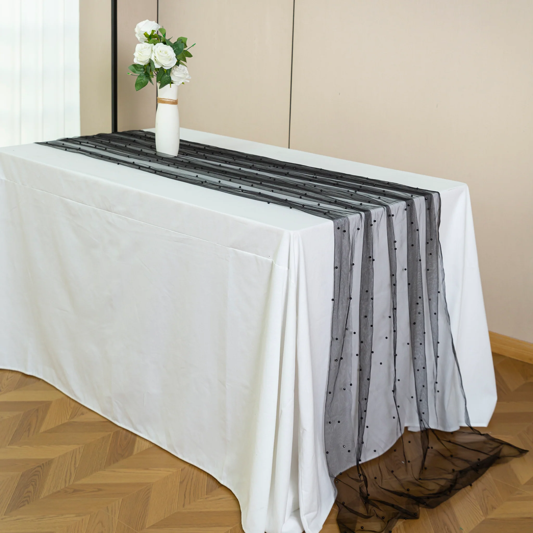 Pearl Tulle Table Runner 30" x 120" - Black - Image 3