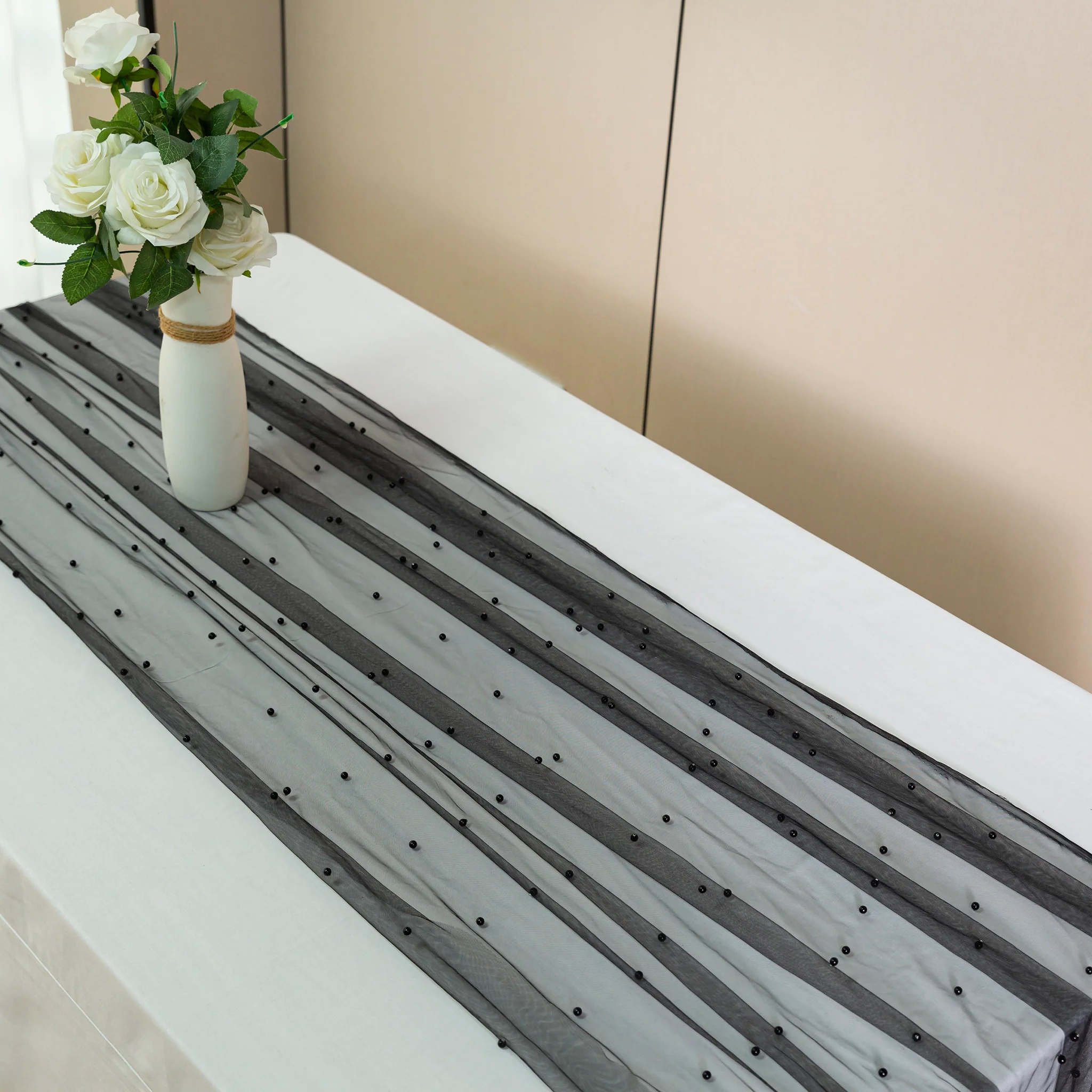 Pearl Tulle Table Runner 30" x 120" - Black - Image 4