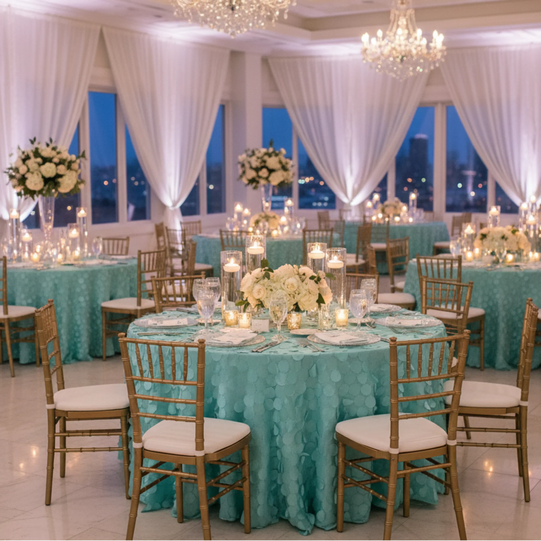 Petal Circle Taffeta 132" Round Tablecloth - Light Turquoise - Image 4
