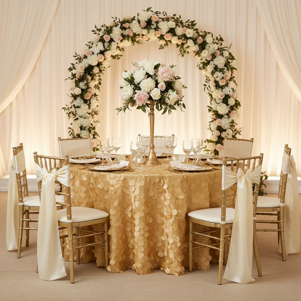 Petal Circle Taffeta Round 120" Tablecloth - Gold - Image 3