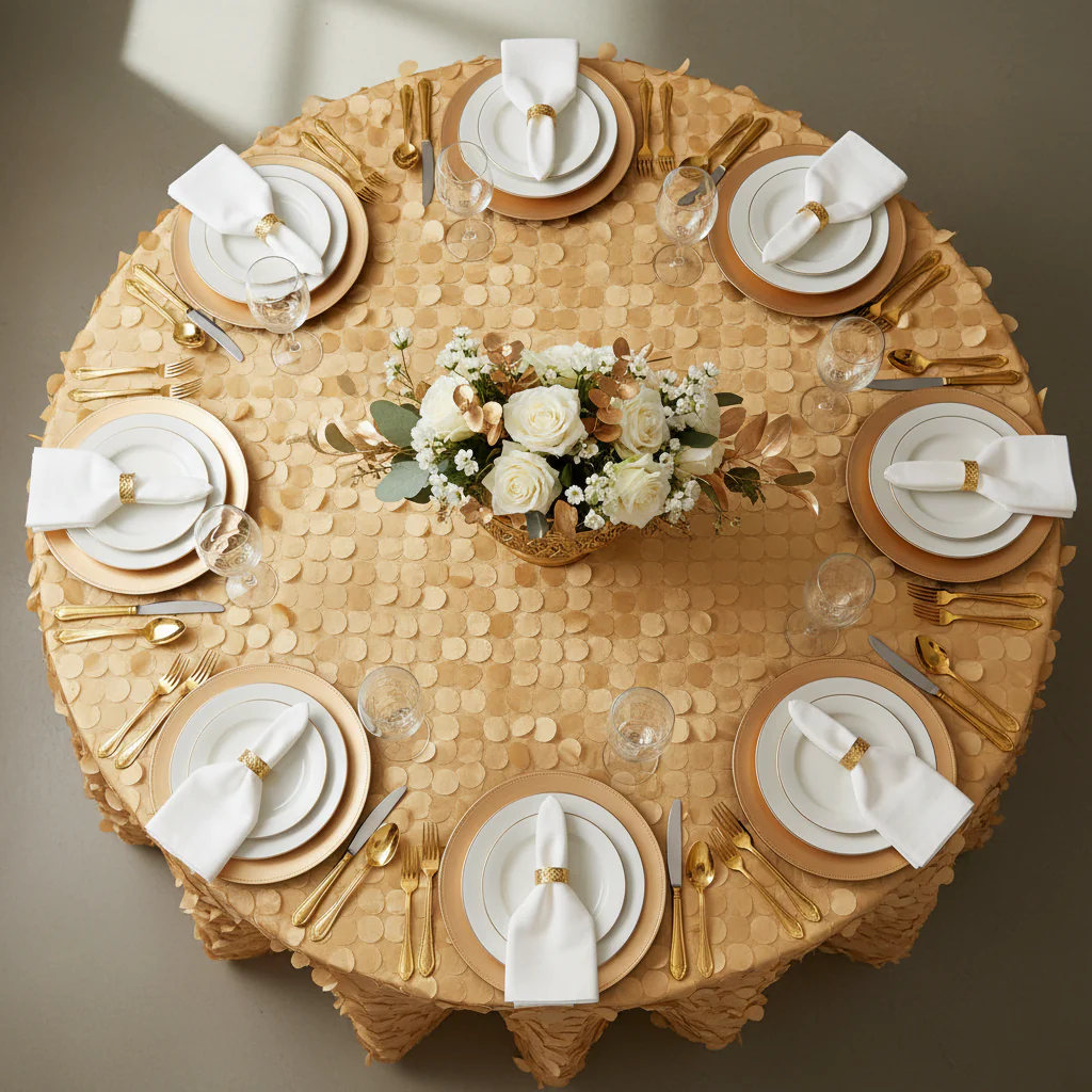 Petal Circle Taffeta Round 120" Tablecloth - Gold - Image 4