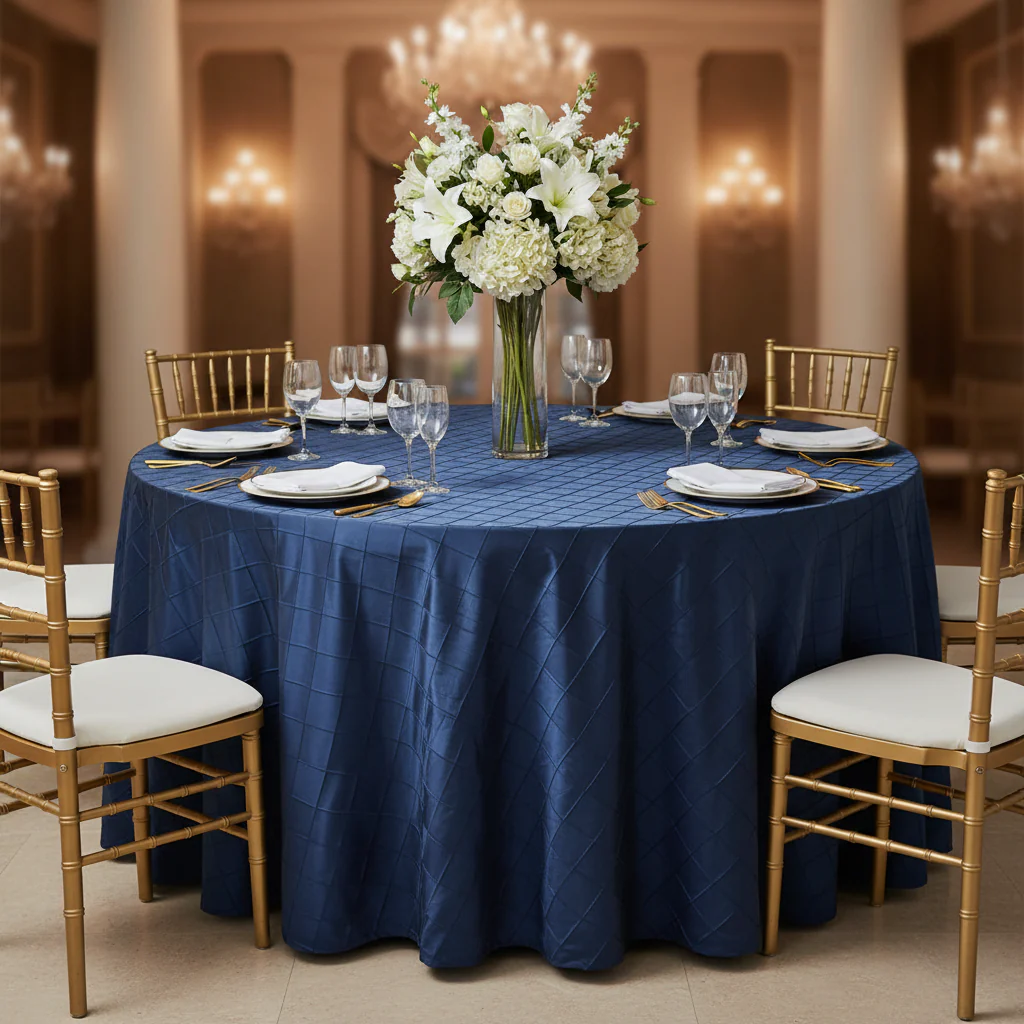 Pintuck 132" Round Tablecloth - Navy Blue - Image 2