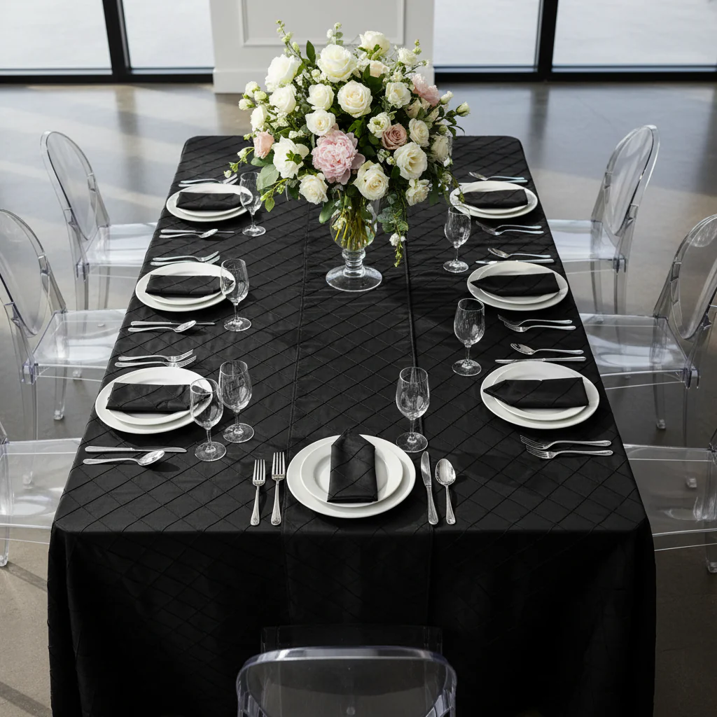 Pintuck 90"x156" Rectangular Tablecloth - Black - Image 4