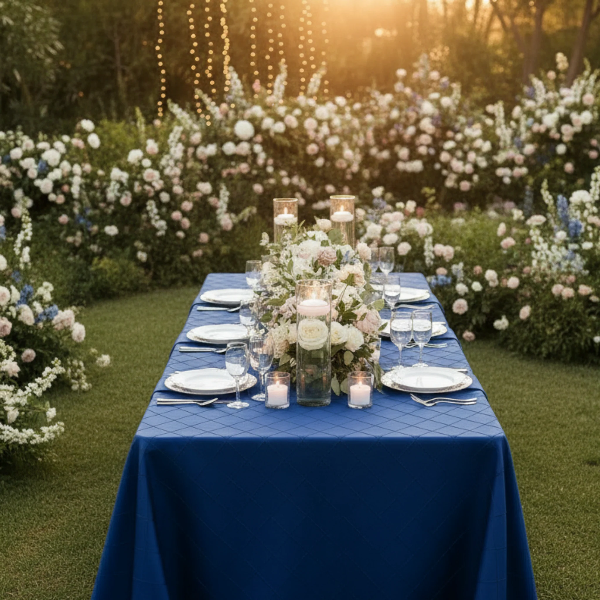 Pintuck 90"x156" Rectangular Tablecloth - Navy Blue - Image 4