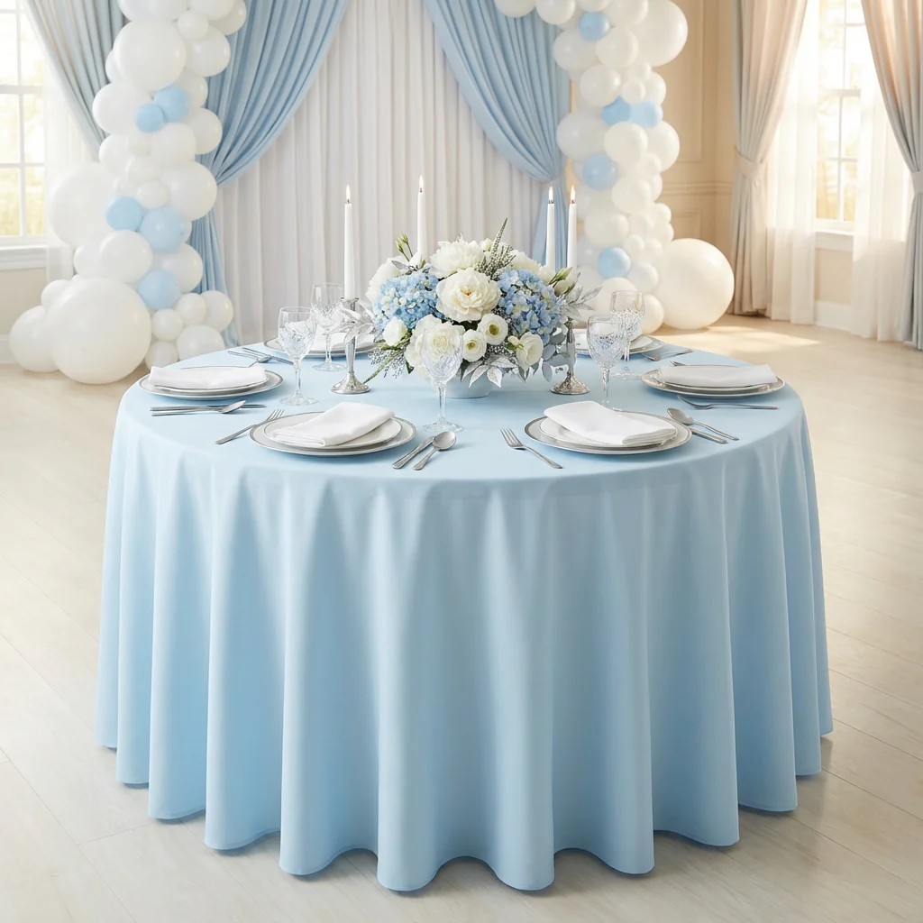 Premium Polyester 108" Round Tablecloth - Baby Blue - Image 2