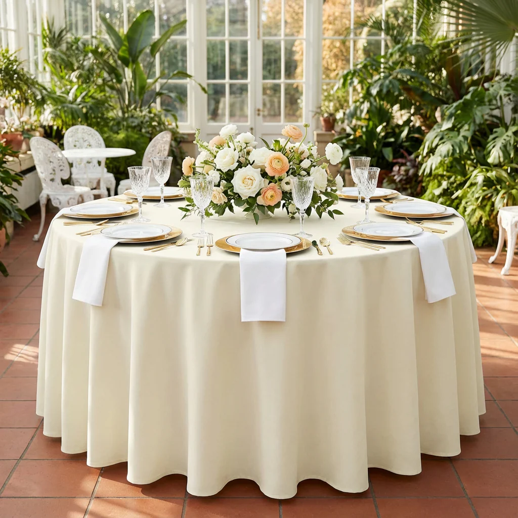 Premium Polyester 108" Round Tablecloth - Light Ivory/Off White - Image 2