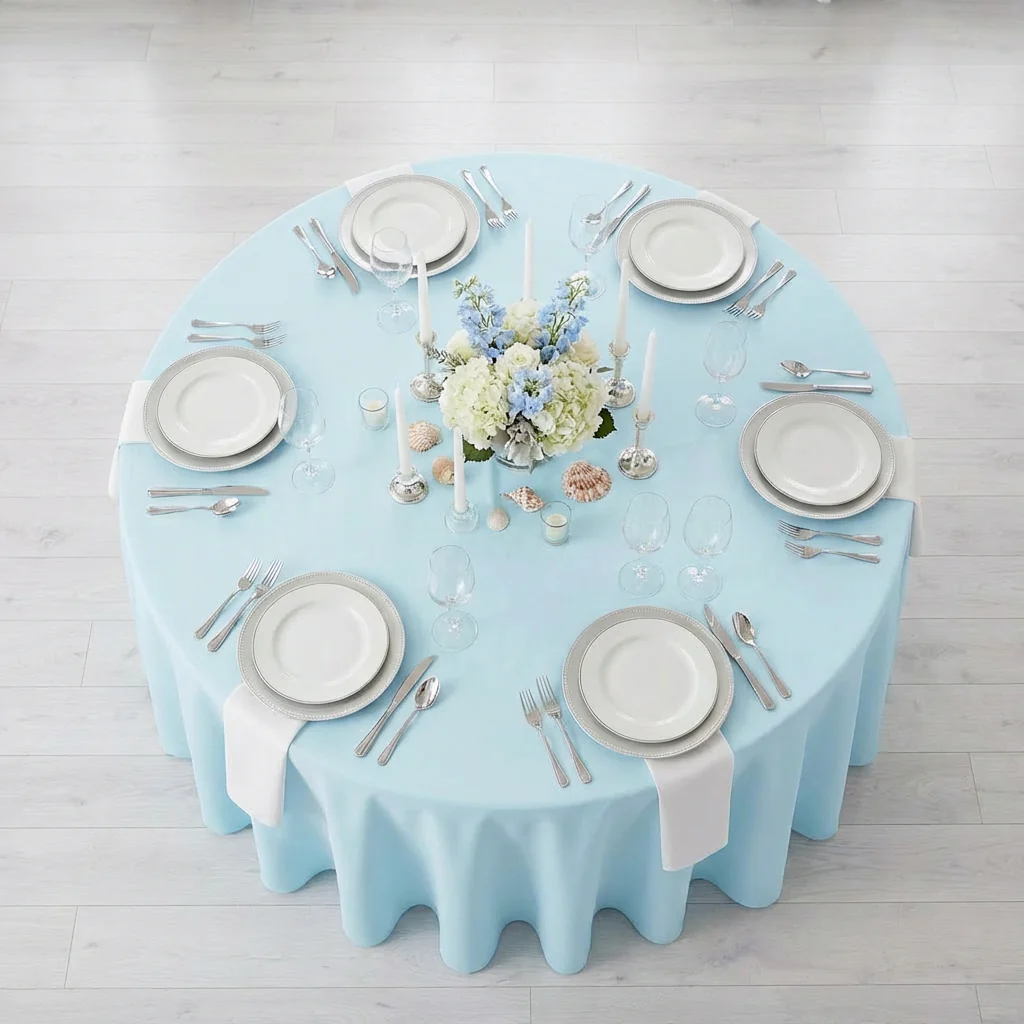 Premium Polyester 120" Round Tablecloth - Baby Blue - Image 3