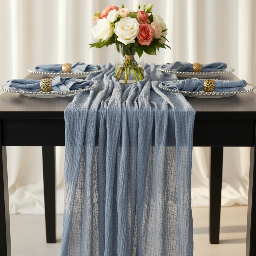 Premium Cheesecloth Table Runner 16FT x 25" - Dusty Blue - Image 3