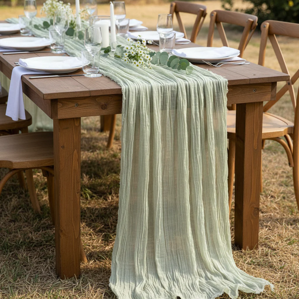 Premium Cheesecloth Table Runner 16FT x 25" - Sage Green - Image 3